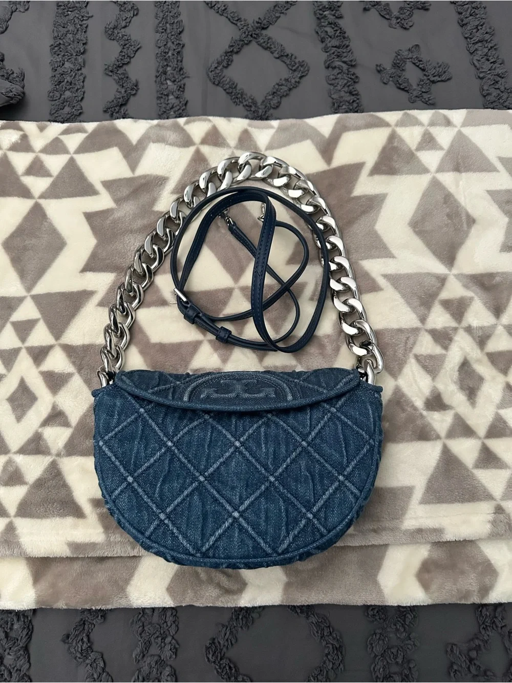 Tory Burch Quilted Denim Crossbody Bag with Chunky Chain